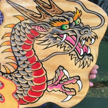 Japanese Dragon (Ryu) Painting by J May  Acrylic on Cut Birchwood