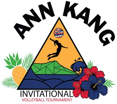 Logo of Ann Kang Invitational Volleyball Tournament with tropical and volleyball elements.