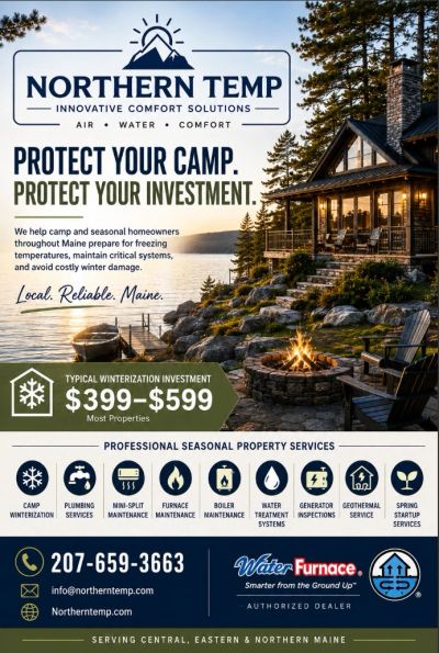 Advertisement for Northern Temp's seasonal property services in Maine.