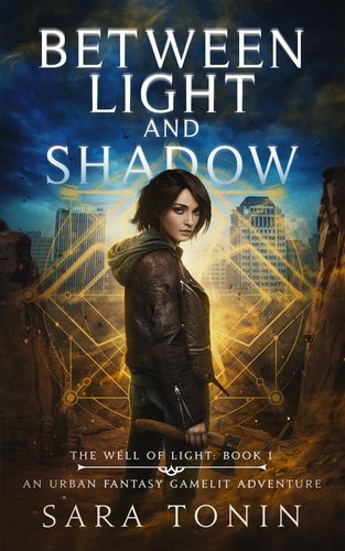 A young woman stands with an axe against a city and mystical backdrop.