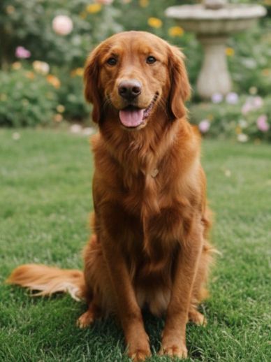 Golden retriever sitting on grass in a garden.