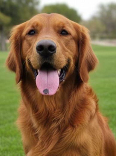 Happy golden retriever sitting on lush green grass.
