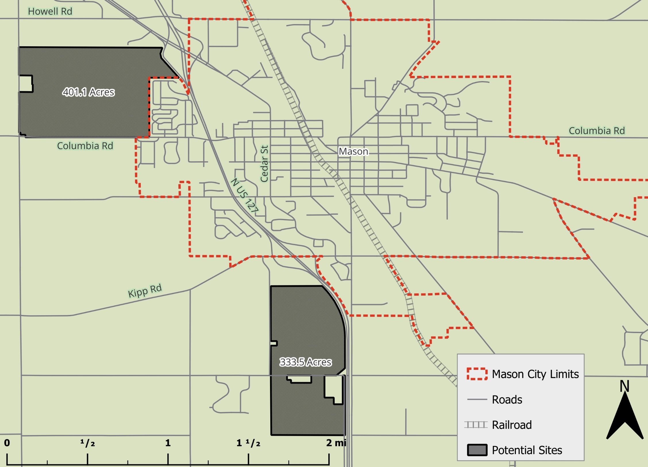 Map showing Mason city limits with two potential sites labeled by acreage.