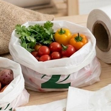 Fresh vegetables in a reusable cloth bag on a wooden table.