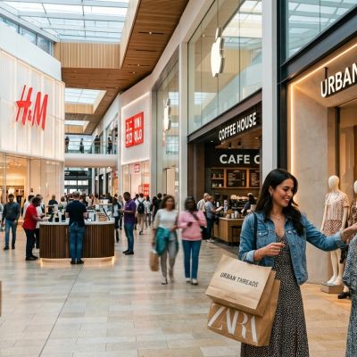 A woman shopping happily in a modern mall with popular brand stores.