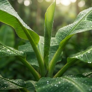 Fresh green banana leaves with water droplets in soft sunlight.