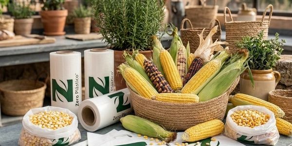 A basket of colorful corn surrounded by eco-friendly packaging and plants.