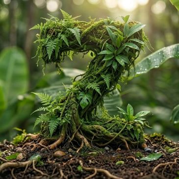 A number two shaped plant covered in moss and leaves on forest soil.