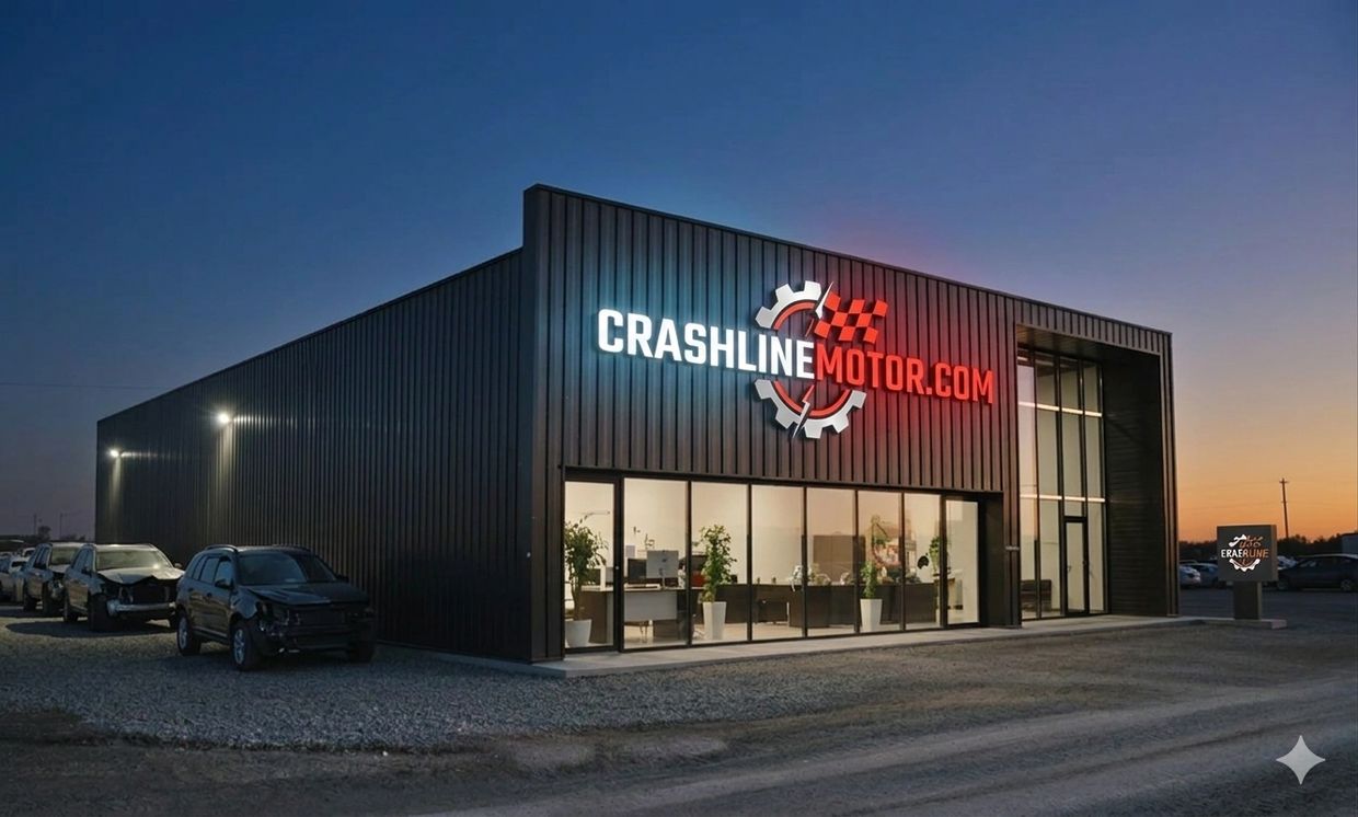 Modern CrashlineMotor.com building at dusk with damaged cars outside.