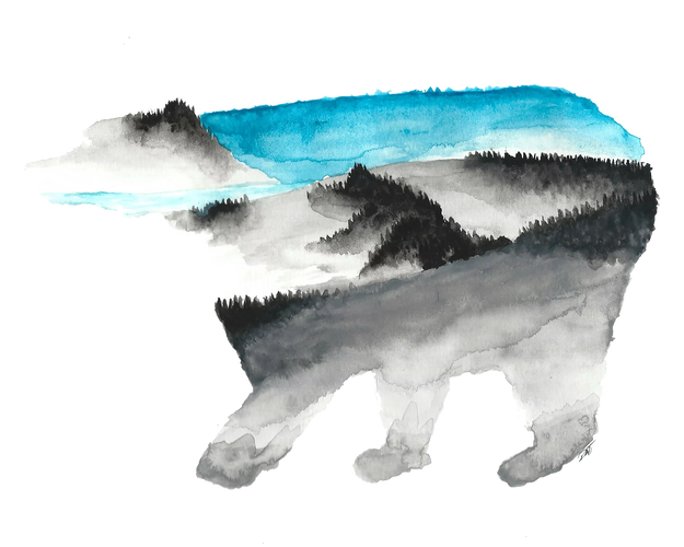 Watercolor painting of a bear silhouette filled with misty forest and blue sky.