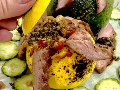 Zucchini stuffed with Iberico Pork (you can use any pork steak).