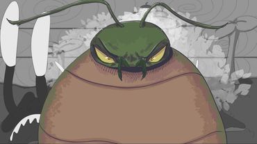Close-up of an angry bug with intense eyes and antennae.