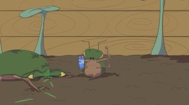 Two cartoon bugs, one sick and one holding a drink.