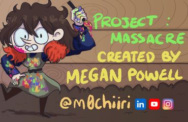 Cartoon character with a knife and colorful paint splatters, promoting Project: Massacre by Megan Powell.