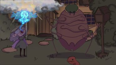 A child releases a glowing ghost from their mouth near a large insect in a garden.