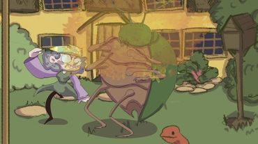 Animated character joyfully interacting with a large insect in a garden.