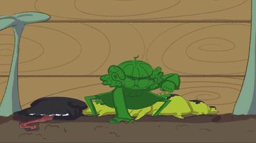 A green character crouches angrily over a defeated black and yellow creature.
