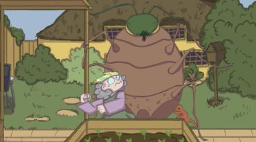 An animated elderly woman stands defiantly against a giant insect in a garden.