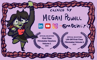 Animated character raising a fist with filmmaker credits and social media icons.
