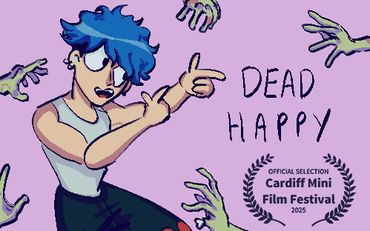 Animated character with blue hair fending off zombie hands, promoting Cardiff Mini Film Festival 2025.