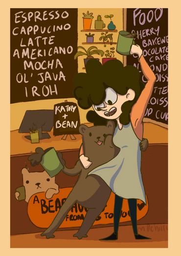 A girl and a bear dance happily in a cozy coffee shop setting.