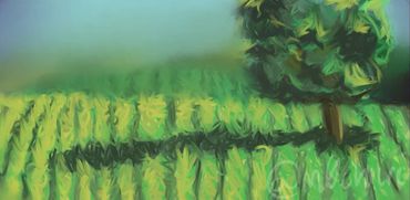 Impressionist style painting of a green field with a single tree under a blue sky.