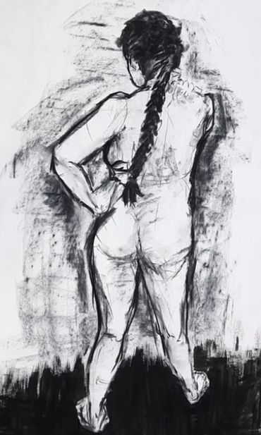 Charcoal sketch of a woman standing with a long braid and hand on hip.
