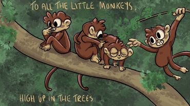 Four playful monkeys on a tree branch with a message to little monkeys.