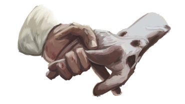 A hand gently holding a bone, painted with soft brush strokes.