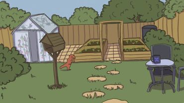 Cartoon backyard with garden beds, birdhouse, and a dinosaur toy.
