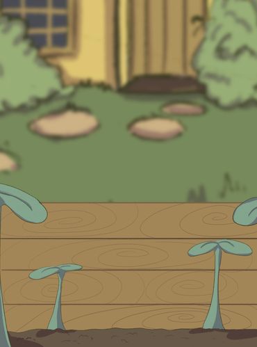 Young seedlings sprouting in a wooden garden bed with a house and garden path in the background.