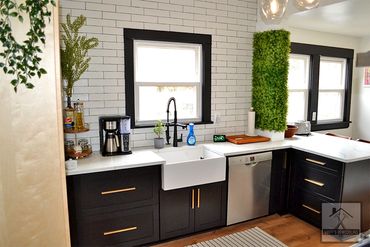 Kitchen Remodel farmhouse sink, hand scraped subway tile backsplash installed by Smiff’s Remodeling