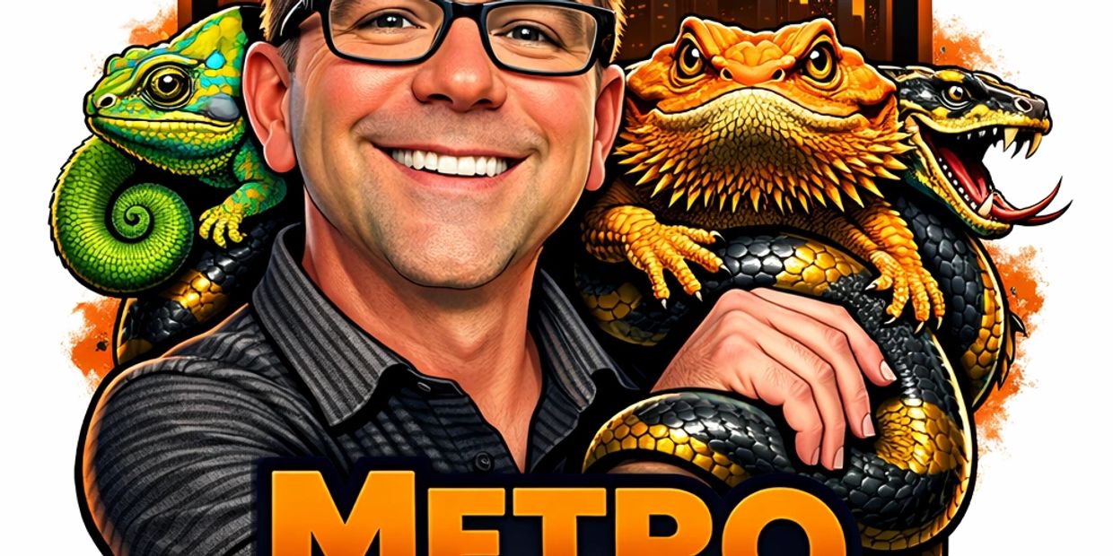 Illustration of a smiling man with reptiles including a chameleon, bearded dragon, and snake.