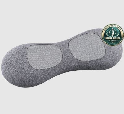 Gray orthopedic cushion with spine relief certification.