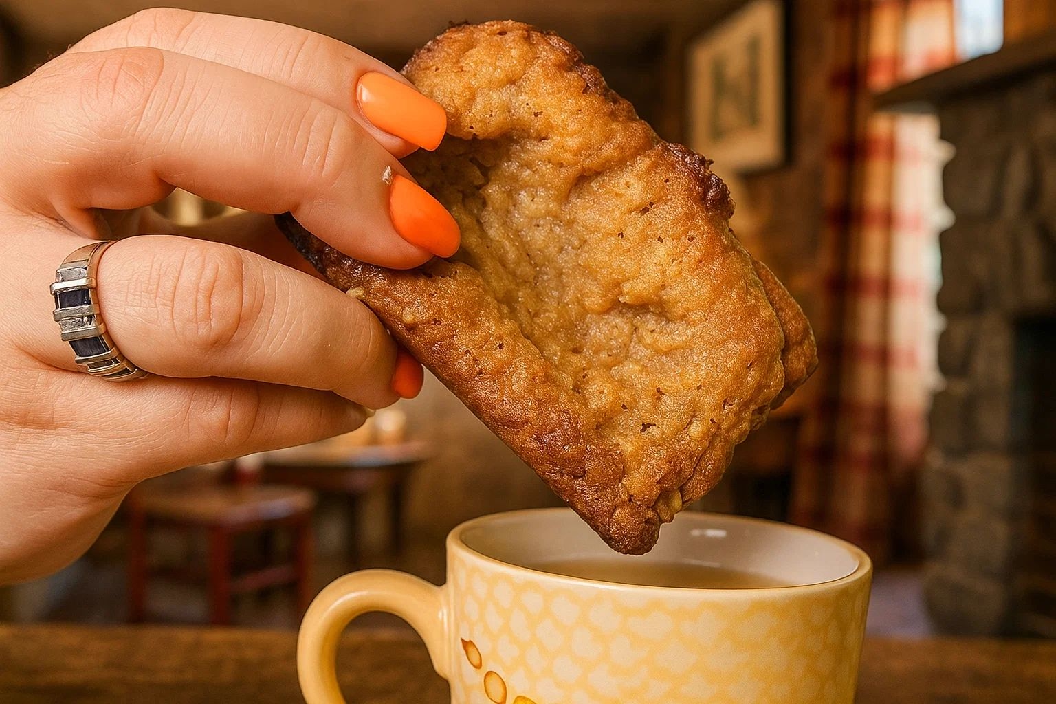 Hand with orange nails dipping a cookie into a yellow cup.