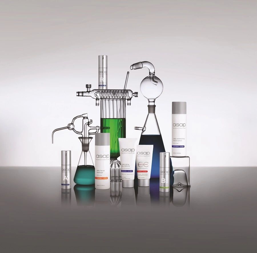 asap skin care products with science vials
