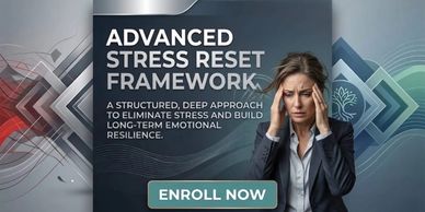 Woman stressed with text about advanced stress reset framework and enrollment.