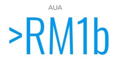 Blue text displaying '>RM1b' with 'AUA' above it on a white background.
