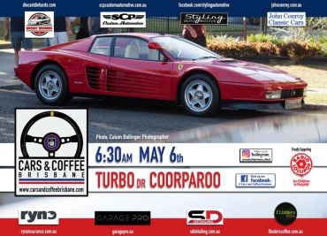 Red Ferrari sports car showcased at Cars & Coffee Brisbane event.