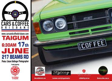Classic green Fiat with a custom 'COFFEE' license plate at Cars & Coffee Brisbane event.
