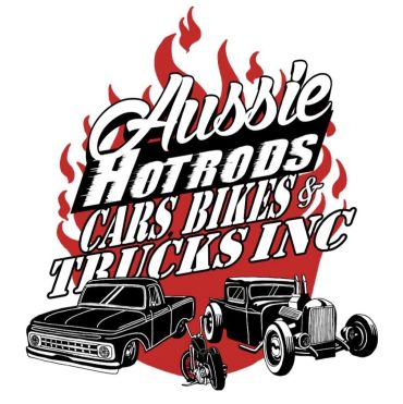 Logo for Aussie Hotrods featuring cars, bikes, and trucks with flames.