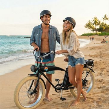 Couple with bicycle enjoying beach day.