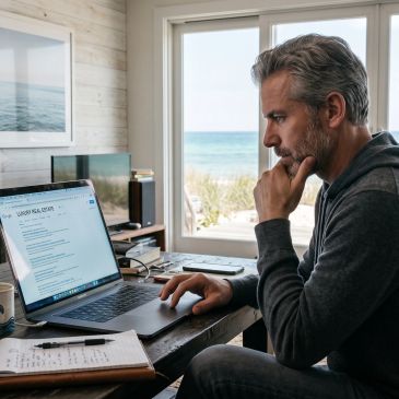 Man working on laptop at home office by the sea.