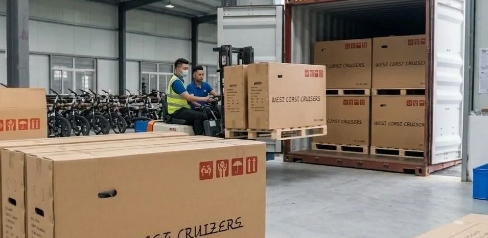 Workers loading West Coast Cruisers boxes into a shipping container using a forklift.