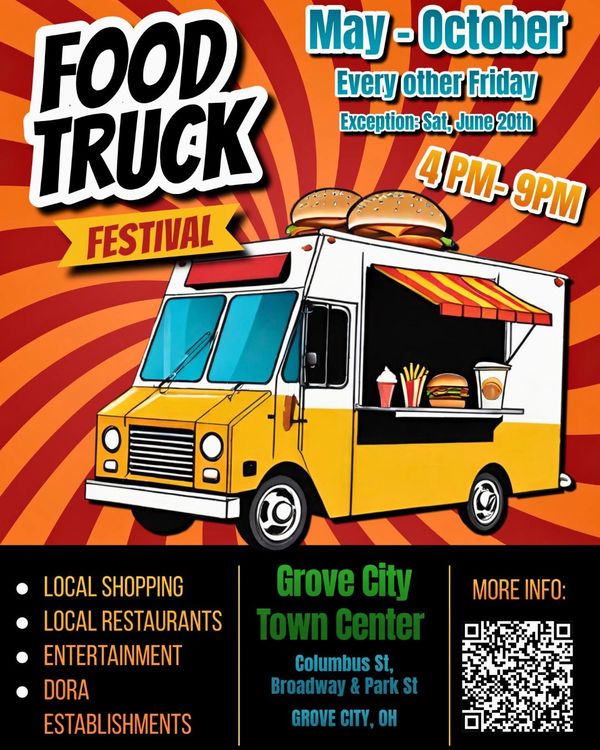 Food Truck Festival every Friday, May to October, Grove City Town Center.