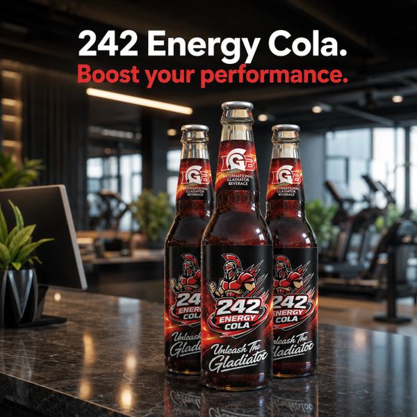Three bottles of 242 Energy Cola with gladiator-themed labels on a marble counter.