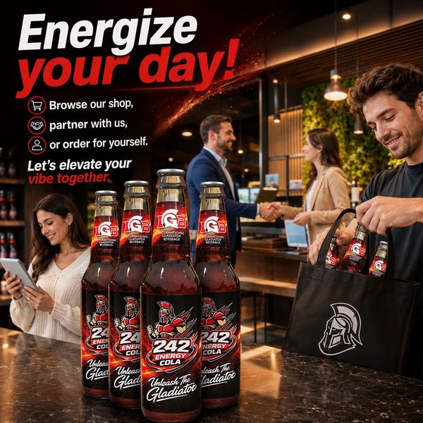 Bottles of 242 Energy Cola with people shopping and partnering in a lively store environment.