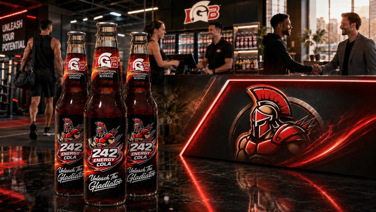 Bottles of 242 Energy Cola with a gladiator design in a gym setting.