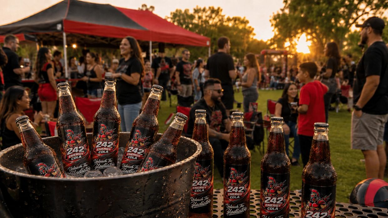 Bottles of 242 Energy Cola at an outdoor gathering at sunset.