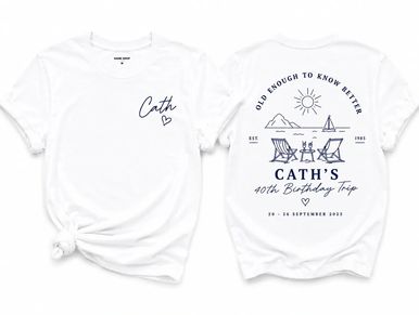 White T-shirt with personalized birthday trip design.